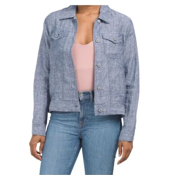 Jones & Co. Jones New York Womens Linen Button Front Trucker Jacket Blue Size 2X - Picture 1 of 10